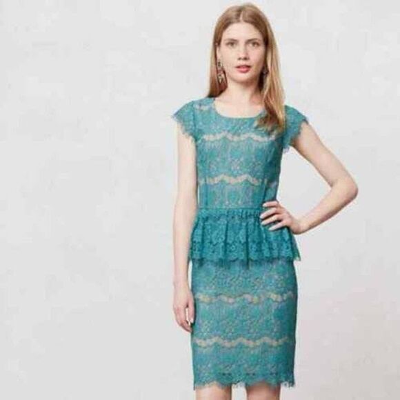 Maeve Anthropologie Elsa Teal Lace Illusion Peplum Sheath Dress Sz XS NEW - Picture 9 of 9